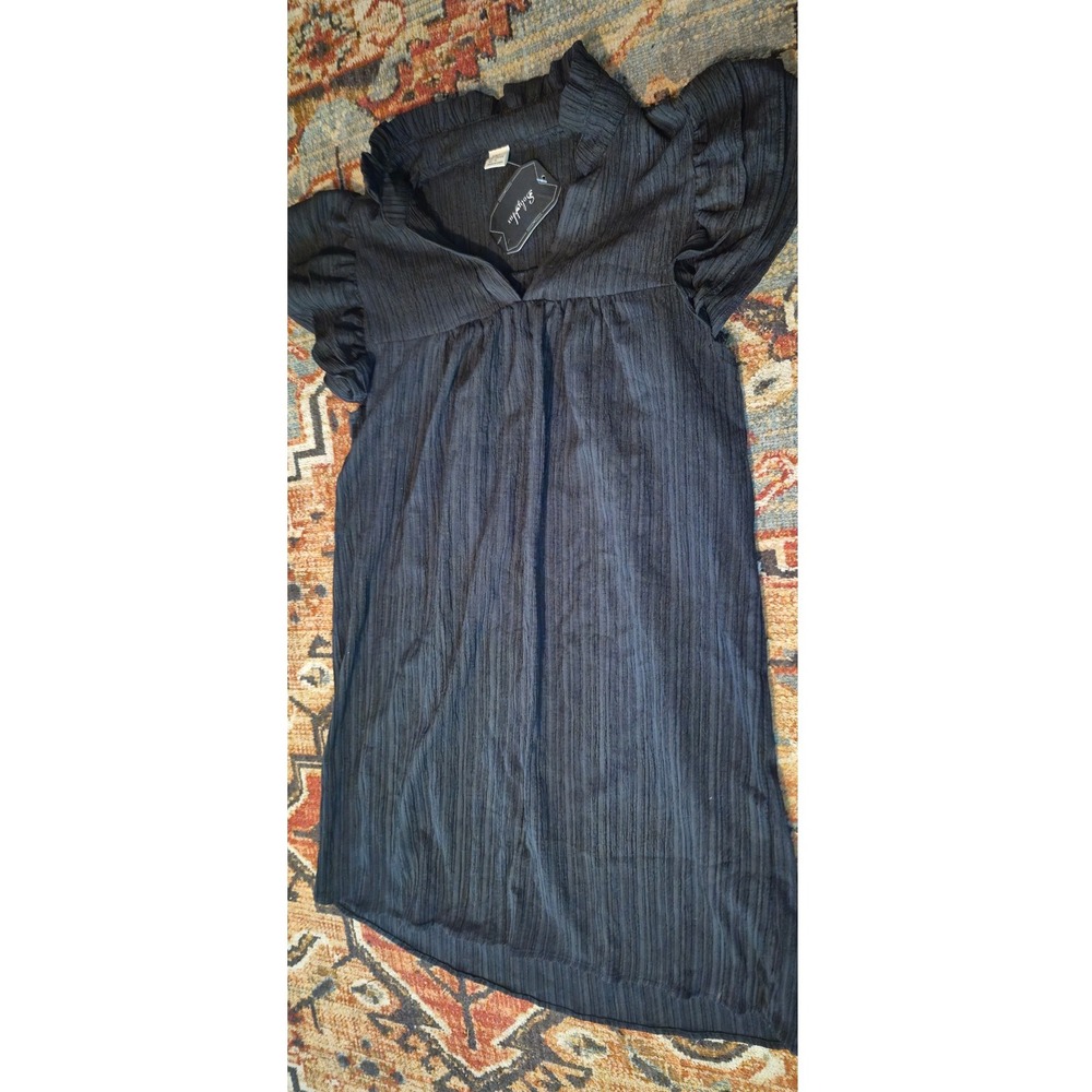 Soly Hux Black Flutter Sleeve Ruffle V Neck Crinkle Babydoll Mini Dress NWT M